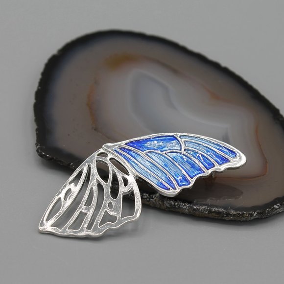 Butterfly wind shaped pin brooch silver blue - Picture 2 of 10